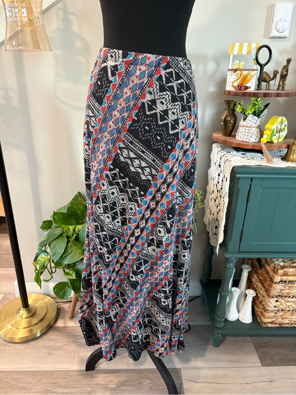 GNW Black Maxi Skirt with Red and Blue Geometric Stripes
